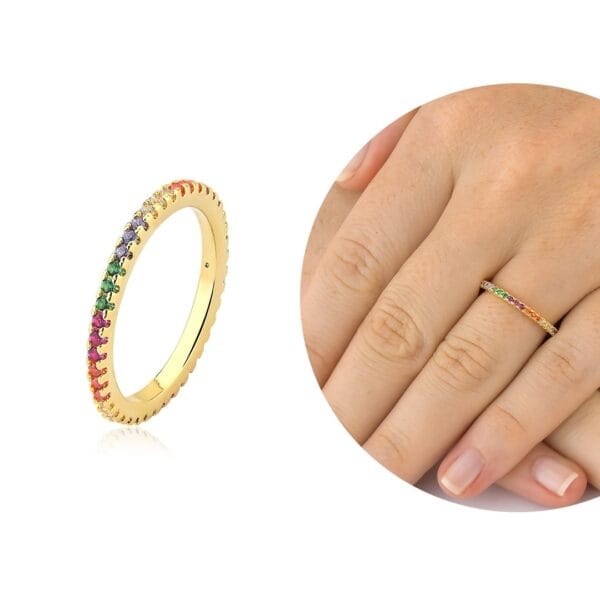Anel/Aparador cravejado com micro zircônias coloridas - Banhado a Ouro 18k