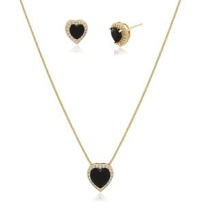 Conjunto Coração Pequeno de Cristal Negro e Zircônias Diamond Dourado