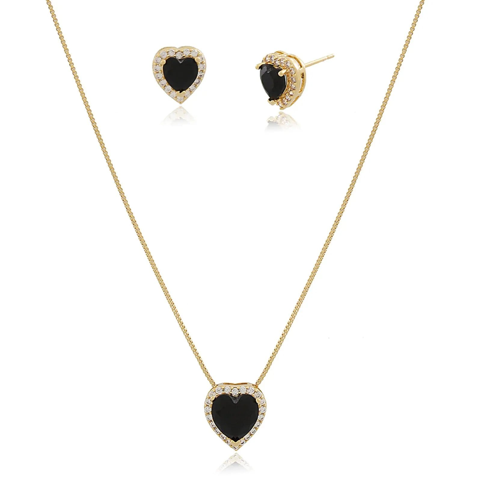 Conjunto Coração Pequeno de Cristal Negro e Zircônias Diamond Dourado