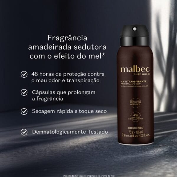 Desodorante Antitranspirante Aerosol Malbec Pure Gold 75g/125ml - Imagem 2