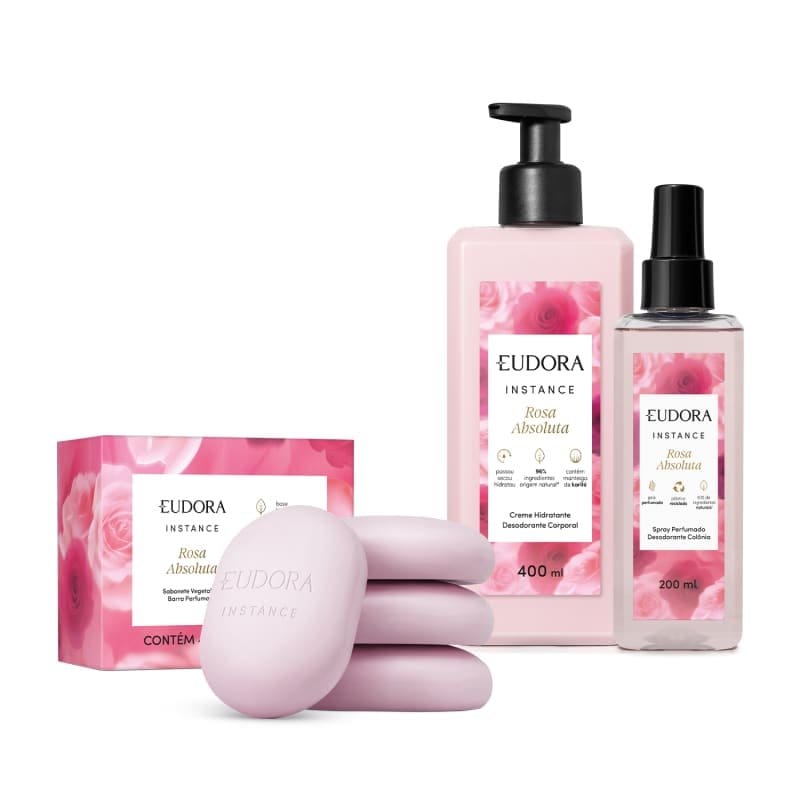 Combo Instance Rosa Absoluta: Creme Hidratante Corporal 400ml + Spray Perfumado 200ml + Sabonete em Barra 80g