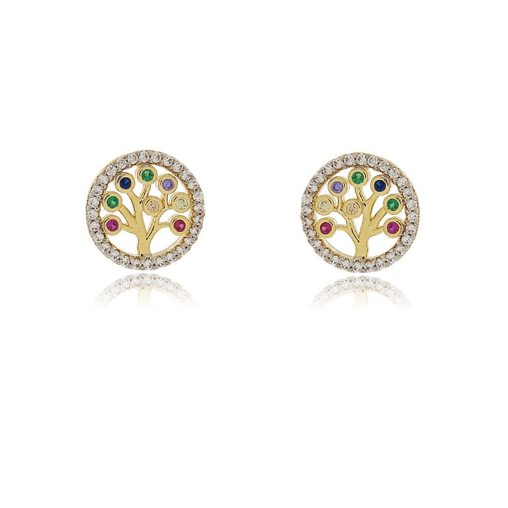 BRINCO ÁRVORE COM ZIRCÔNIA COLORIDA BANHADO A OURO 18K