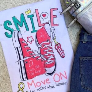 TSHIRT SMILE MOVE AND ON (PÉROLA NA ESTAMPA)