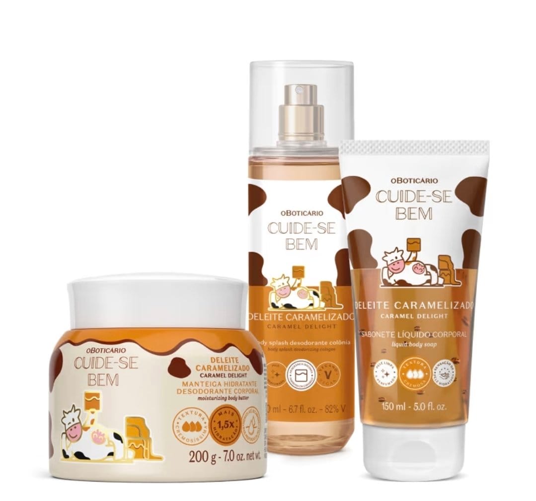 Combo Cuide-Se Bem Deleite Caramelizado: Manteiga Corporal 200g + Body Splash 200ml + Sabonete Líquido 150ml